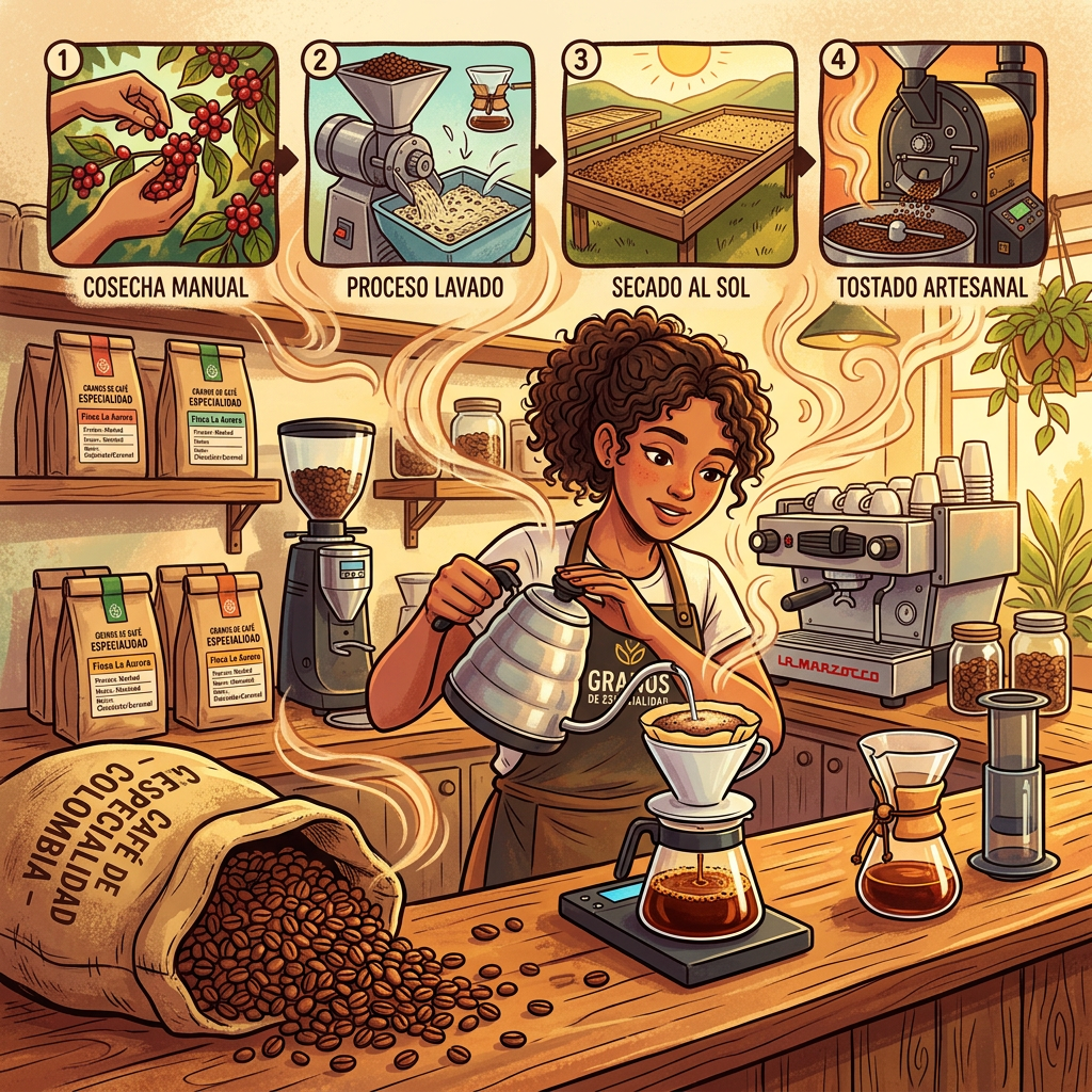 Barista brewing coffee with illustrations of manual harvesting, washing, sun drying, and artisanal roasting processes