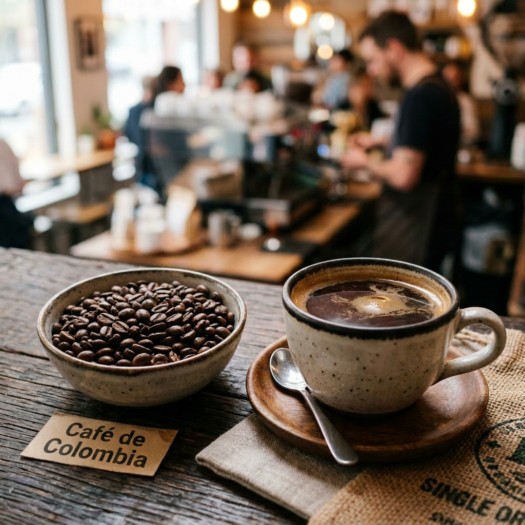 Cup of Ethiopian Yirgacheffe coffee with bowl of coffee beans and label